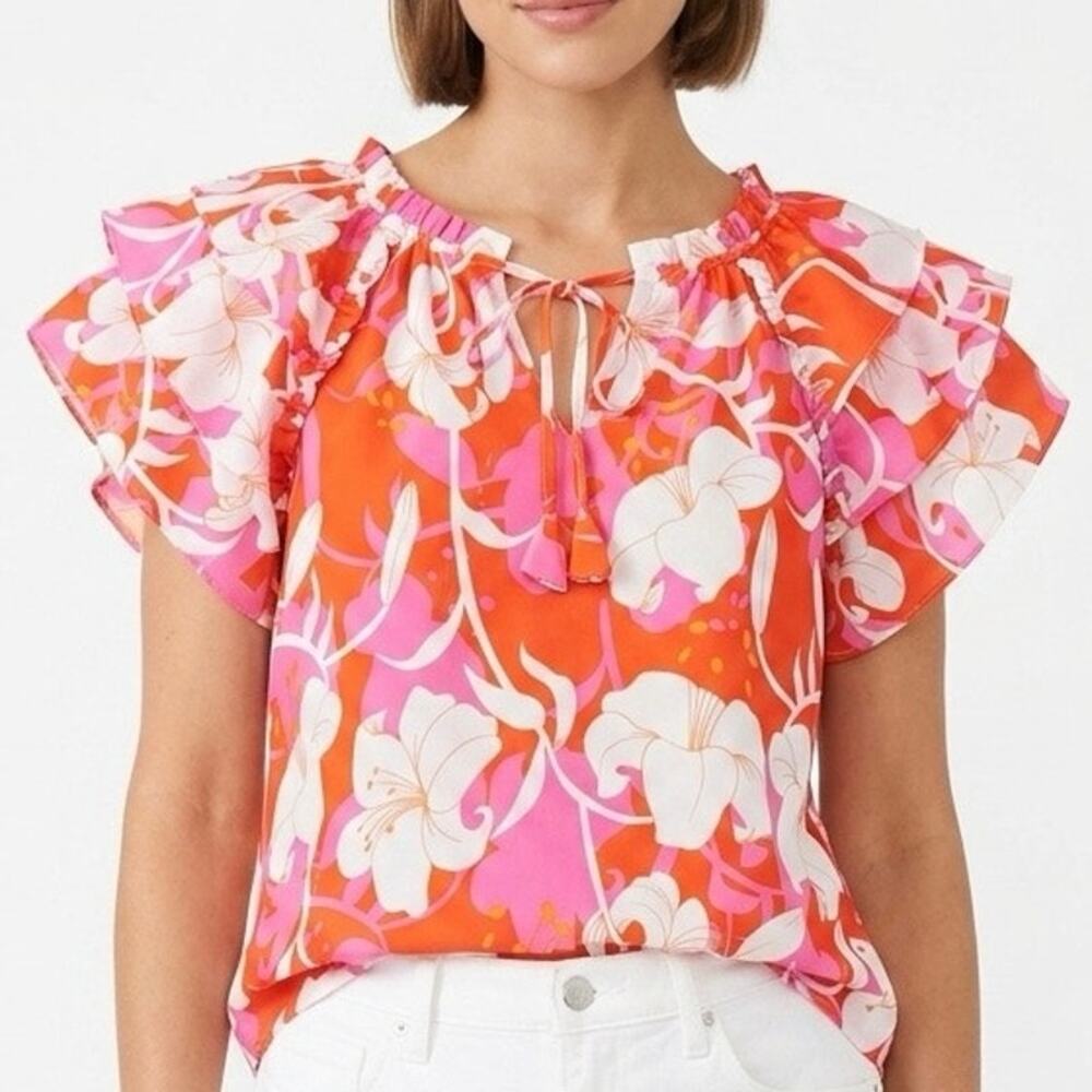 Jade Melody Tam Floral Flutter Sleeve Blouse Pink Orange Ruffle Tie Neck Size L